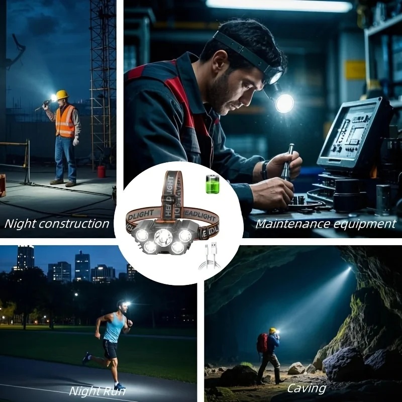 Lanterna de cabeça recarregável USB 5LED Lanterna de cabeça à prova d'água com bateria embutida para camping, caminhadas, pesca, uso de emergência