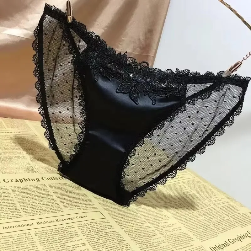 Ropa interior de mujer Sexy de moda de encaje satinado bordado ahuecado sin rastro transparente ropa interior de mujer