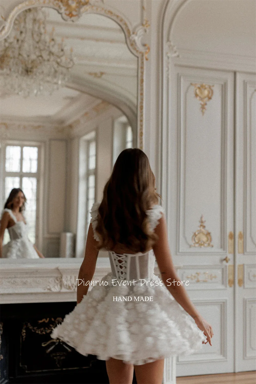 Dianruo ショート A ラインのウェディングドレス恋人スパゲッティストラップパーティー Vestidos デ フィエスタチュール花の花嫁ドレスカスタマイズ