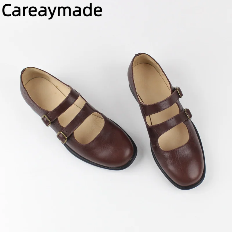 Careaymade-Genuine leather women's Shoes Cowhide Handmade Flat Heels Mary Jane Shoes Retro shallow breathable Women Single Shoes