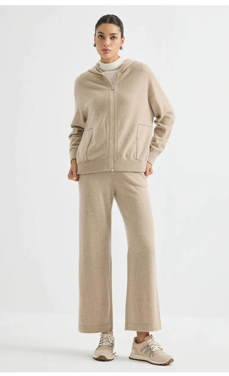 BY4621762 Damen 100% Kaschmir Weite Hose mit geripptem, elastischem Bund, Gesäßtasche, Kettenrand, entspannte Passform, Frühherbst – Detail 10