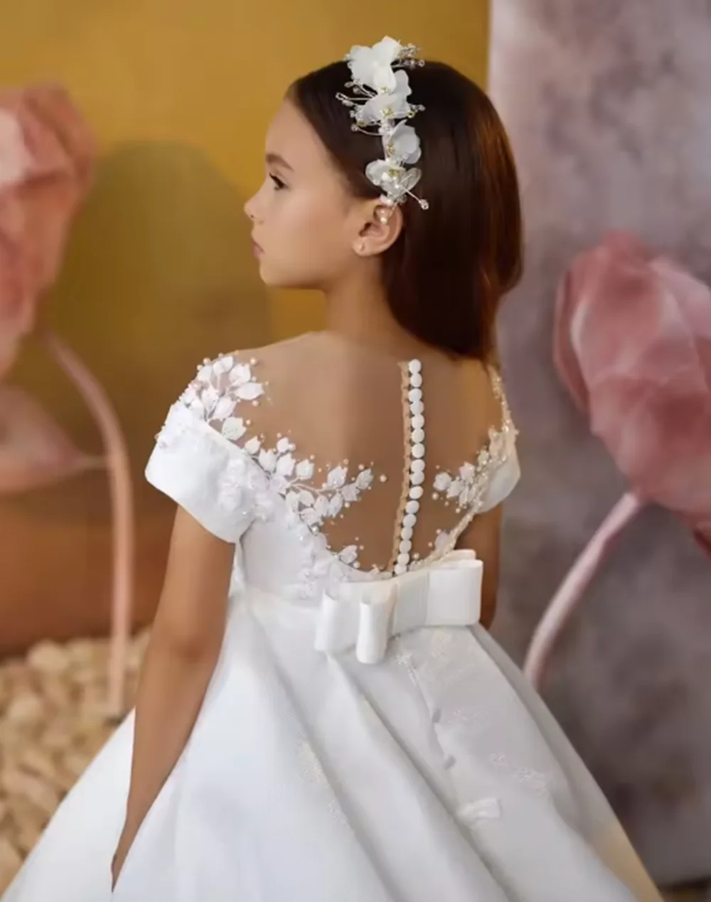 فساتين فتاة الزهور البيضاء لحفلات الزفاف من الساتان بطول الأرض للفتيات الصغيرات فستان حفلات للأميرة فساتين التواصل الأول