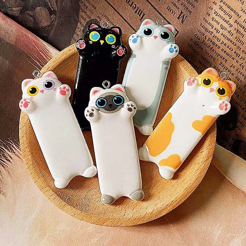 10Pcs Kawaii Long Cat Resin Charms for Jewelry Making Funny Cute Animals Pendants Flatback DIY Keychains Findings
