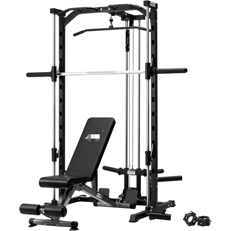 RRitFit Smith Machine Power Rack with LAT-Pull Down System,Landmine,Barbell Bar,Plate Storage Pegs and More Training Attachment