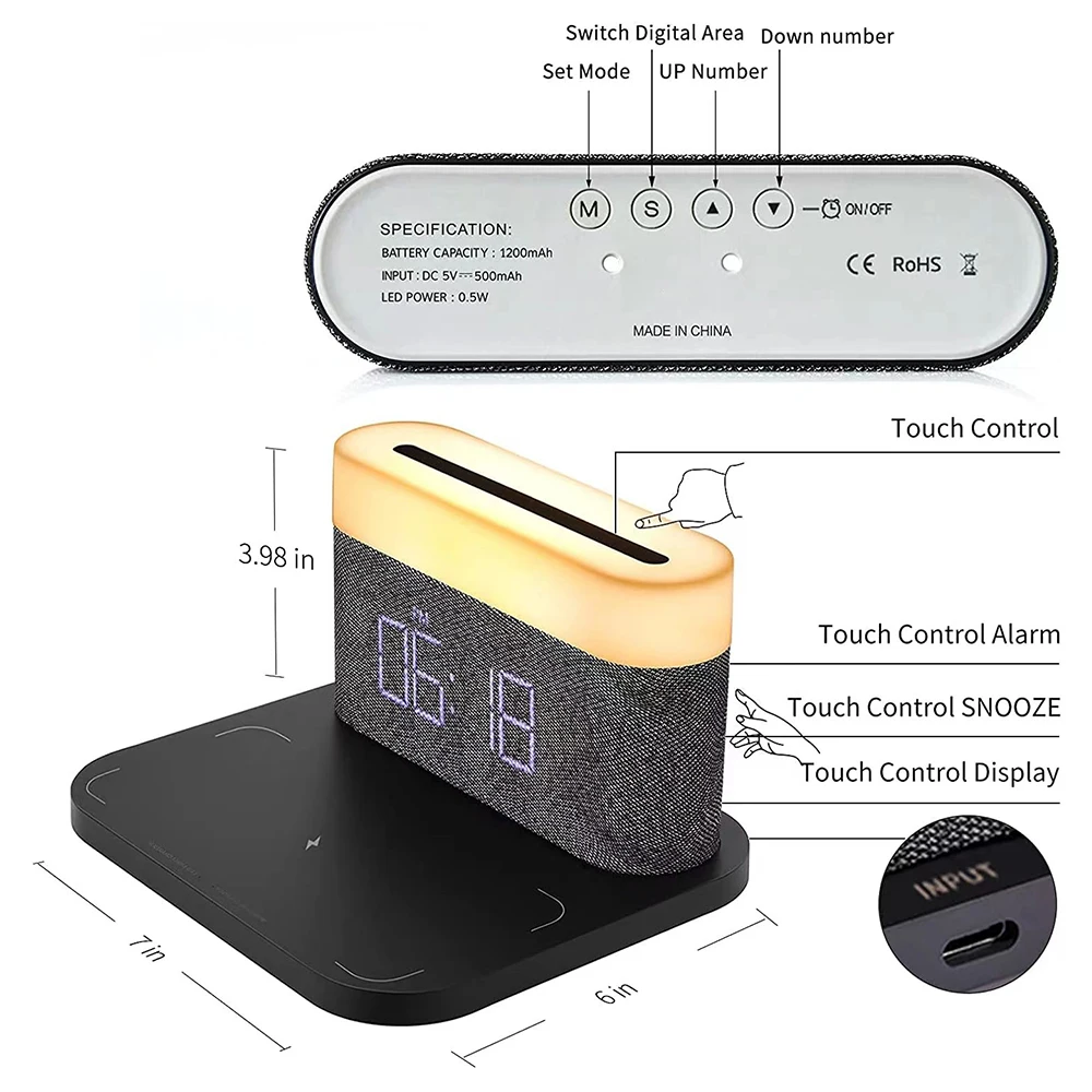 15W Detachable Magnet Desk Lamp 15W Fast Charging  Wireless Charger Alarm Clock Lamp Custom Logo Adjustable Touch Three Colors