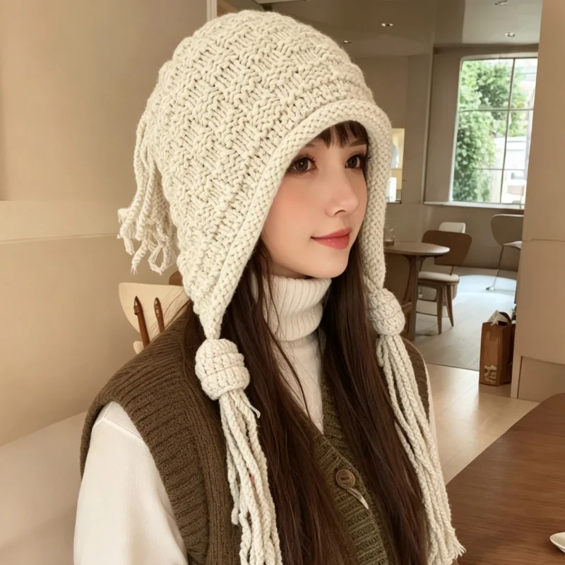 Unisex Winter Chunky Knit Ear Flap Hat Long Tassel Thermal Warm Beanie Cap Outdoor Ski Cycling Hat for Men Women Multiple Colors view 6