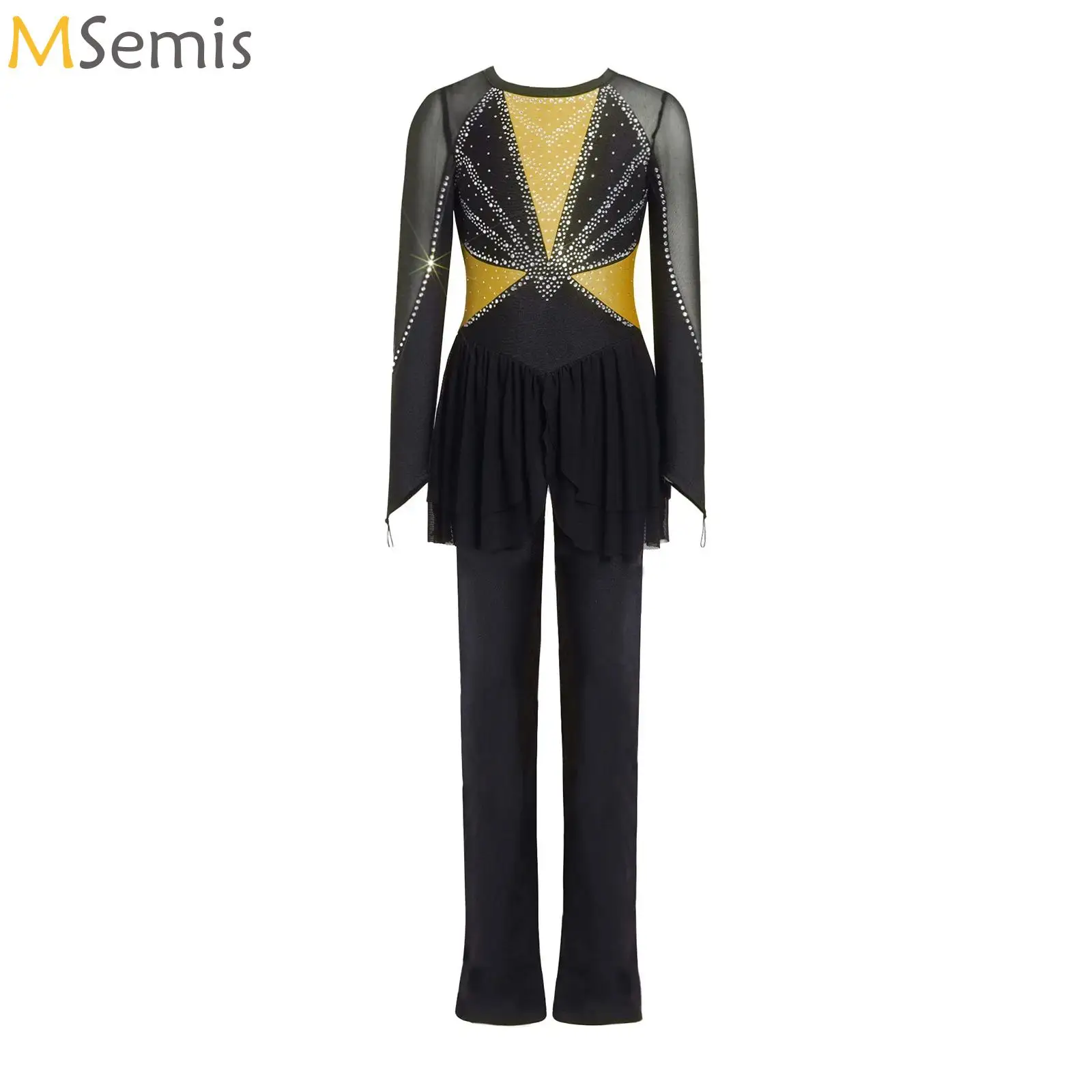 

Kid Girls Ballet Dance Skirted Jumpsuit Lyrical Dance Competition Shiny Rhinestone Color Block Bodysuit Roller Ice Skating Dress