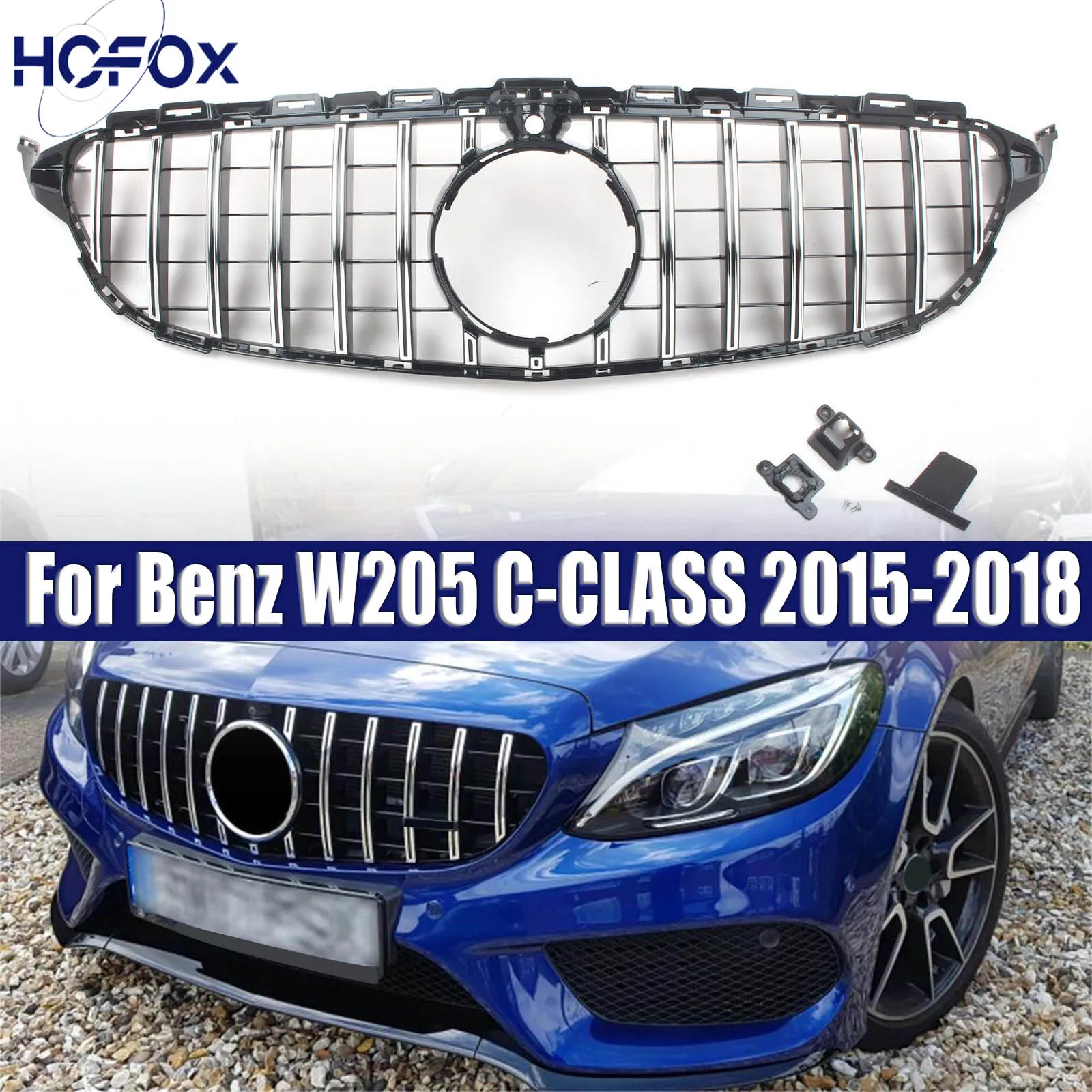 

Car Front Bumper Grille Racing Inlet Grill Mesh For Benz W205 C-CLASS 2015-2018 GT Style With Camera Hole
