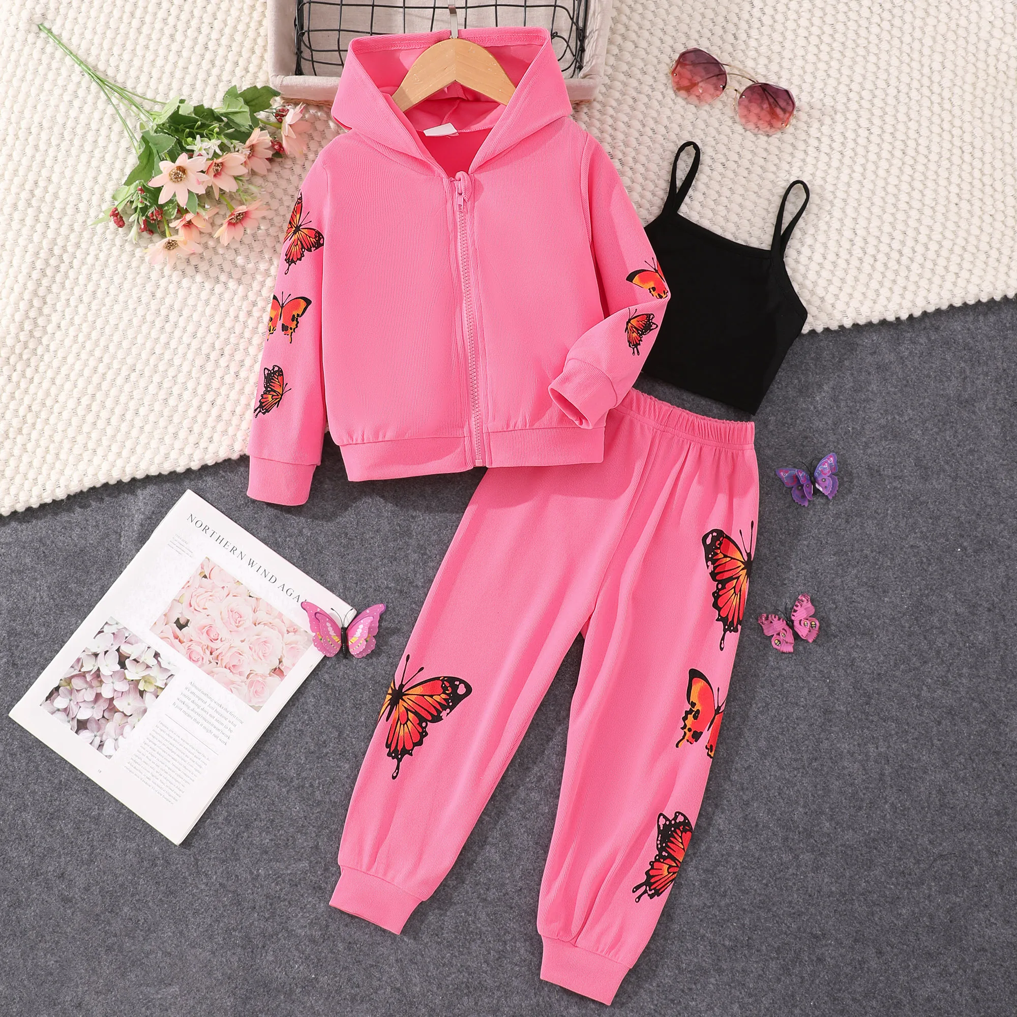 

Autumn Sport Kids Girl Clothes Set 2 Piece Cotton Butterfly Long Sleeve Hoodie + Pants Winter Children Suit 3 4 5 6 7 Years