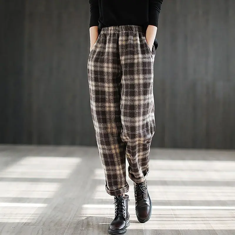 Velvet and Thickened Plaid Pants 2023 Autumn and Winter New High Waist Slimming Loose Casual Pants Versatile Harlan Pants