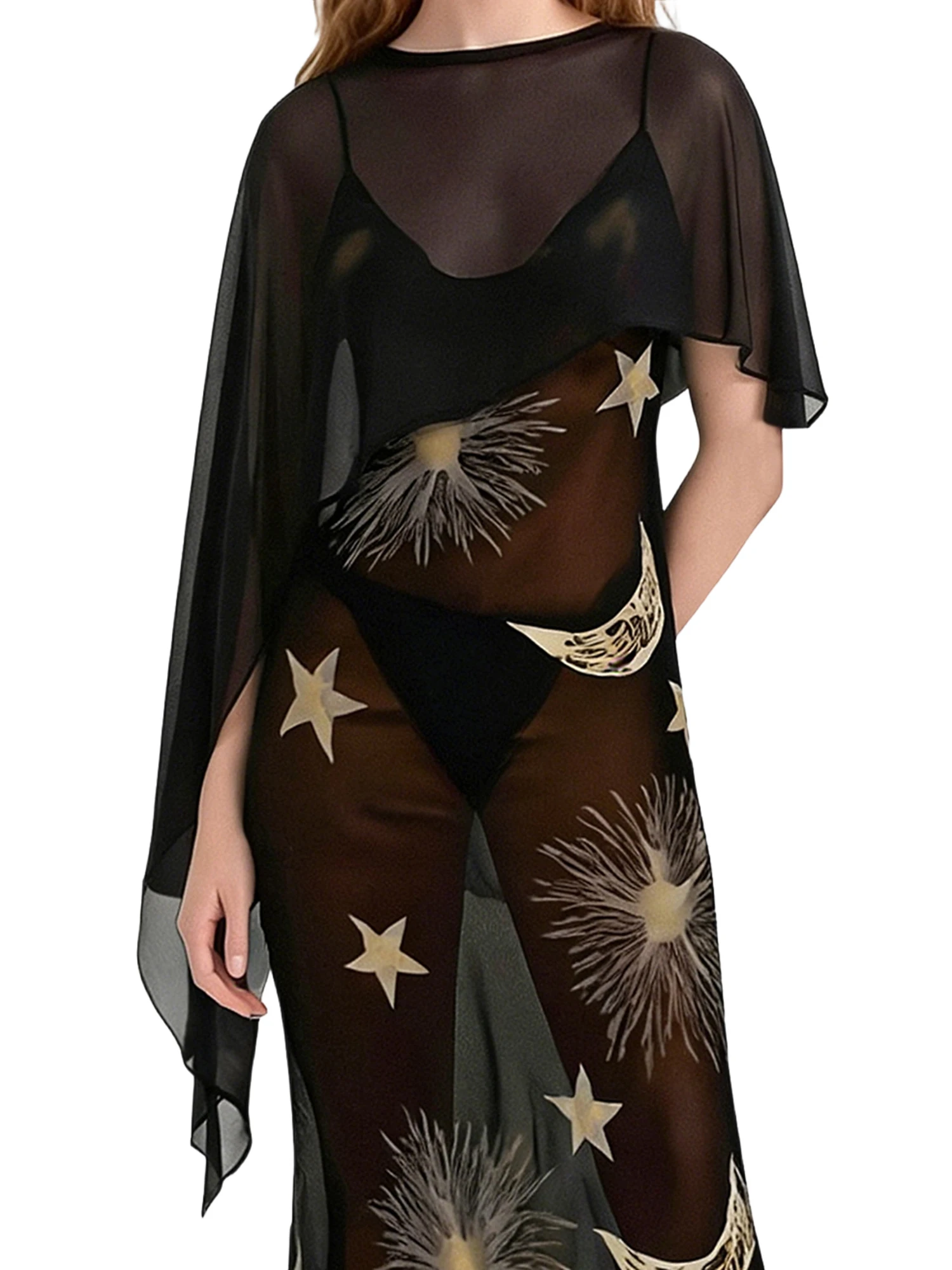 

Женское полупрозрачное сетчатое пончо однотонного цвета с круглым вырезом, асимметричным подолом, свободная накидка-шаль, топ-кейп