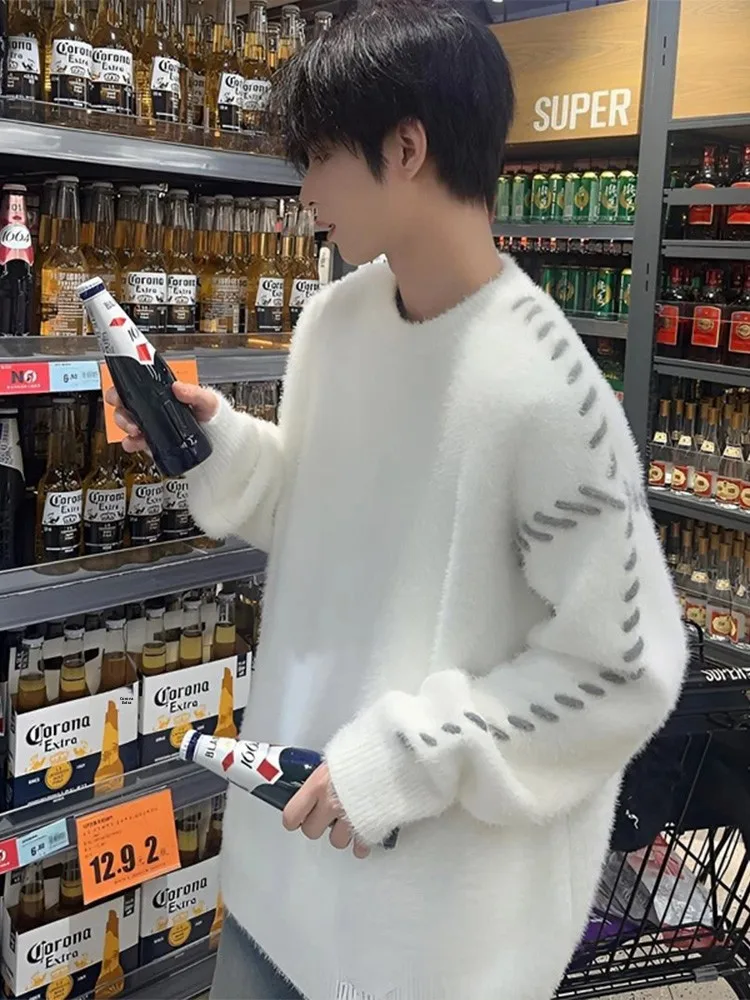 

Утепленный вязаный мужской свитер оверсайз с круглым вырезом, зимний, повседневный, комфортный, с длинными рукавами, пуловер, зимняя мода