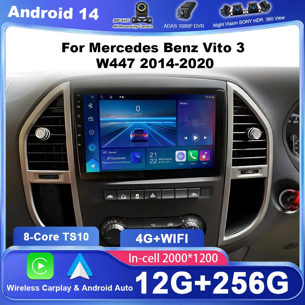 

Автомобильный радиоприемник Android 14, стерео для Mercedes Benz Vito 3 W447 2014-2020, авто GPS-навигация, мультимедийный видеоплеер, Carplay 2DIN DVD
