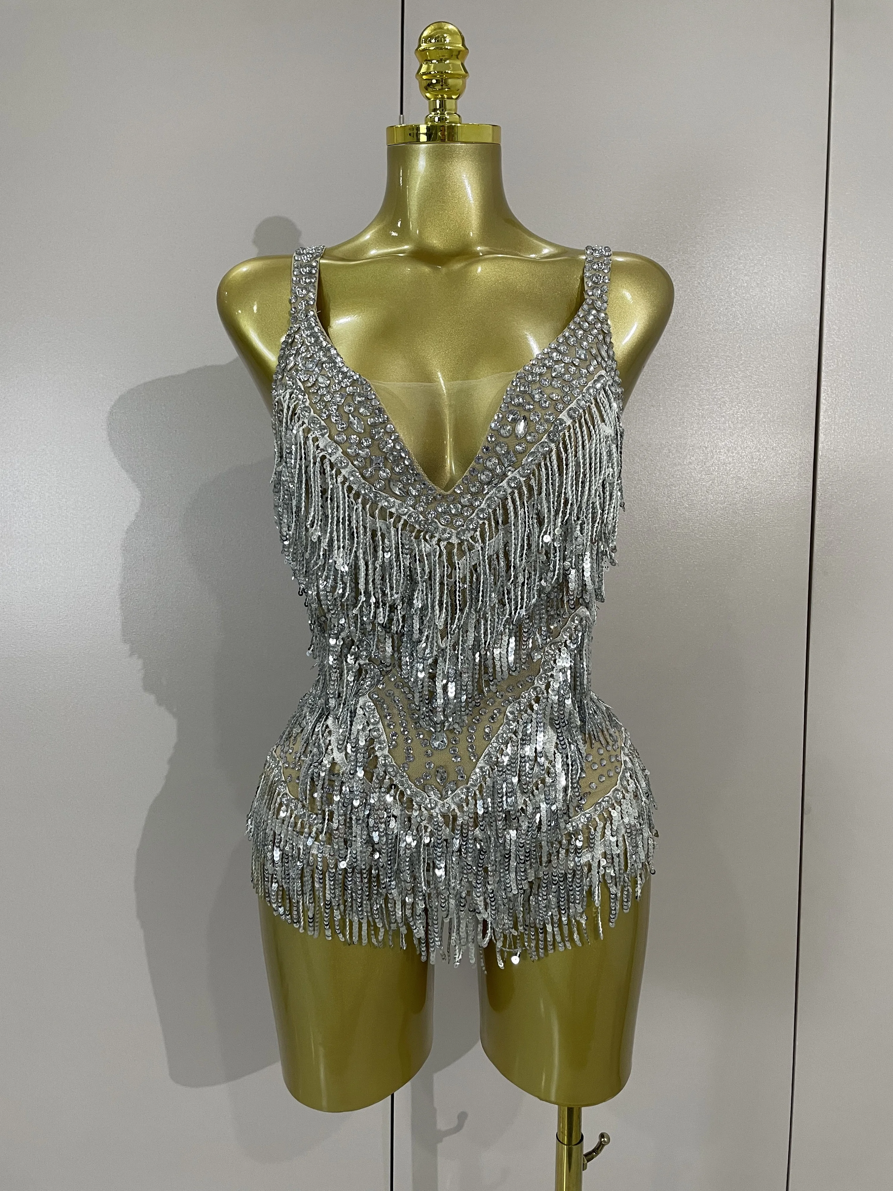 2025 Luxury Sparkly Rhinestones Sequins Tassel Mesh Bodysuits Women Celebrate Birthday Party Nightclub Bar Dencer Stage Costume