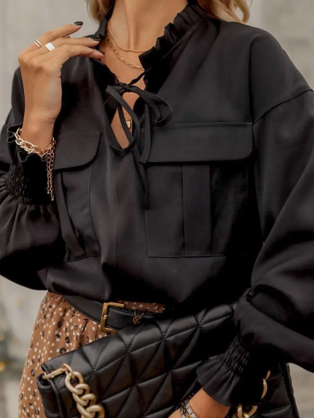 

Europe And The United States Autumn And Winter New Simple Fashion Casual Lace-up Pocket Shirt Woman