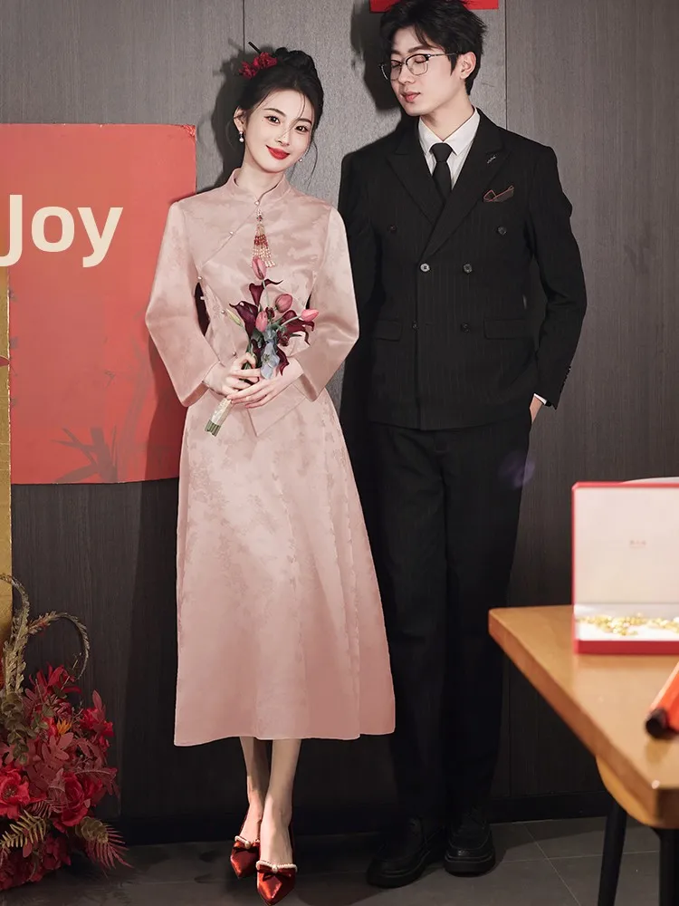 

Pink Engagement Par Wedding Dr Long Sve Set Bride Chinese Sle Cusizable Clothing for Daily Wear