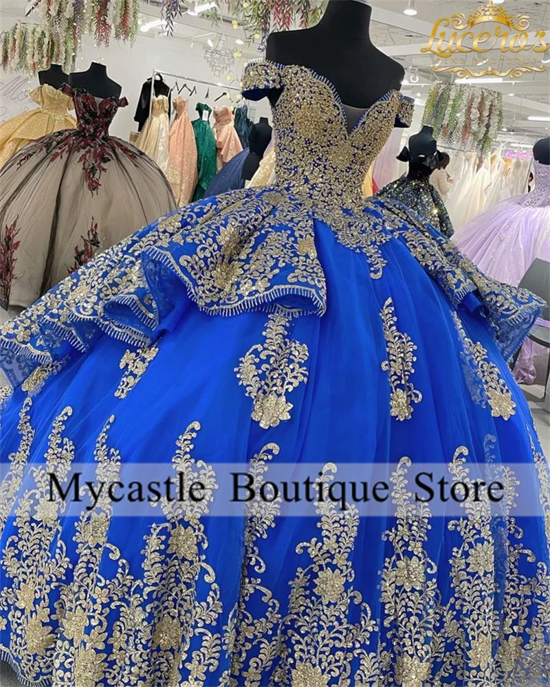 Sparkly Royal Blue Quinceanera Dresses Ball Gown 2025 Gold Sequin Appliques Sweet 16 Dress Lace Up Vestido De 15 Años Customized