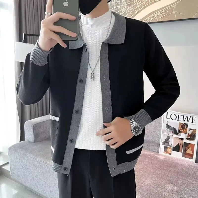 محبوك سترة الرجال سترة سترة الكورية نمط عارضة الخريف والشتاء التلبيب التباين بأكمام طويلة #1