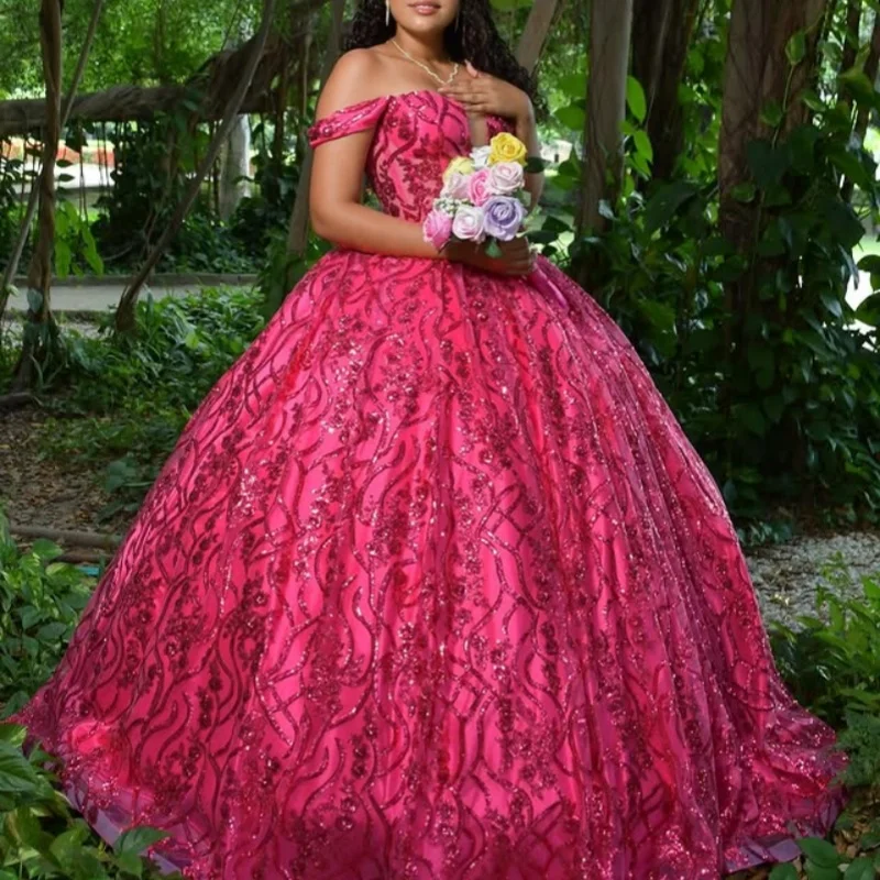 Shiny rose pink Quinceanera Dress off-shoulder Lace decal Long tail vestidos de 15 Quinceanera ﻿Customize