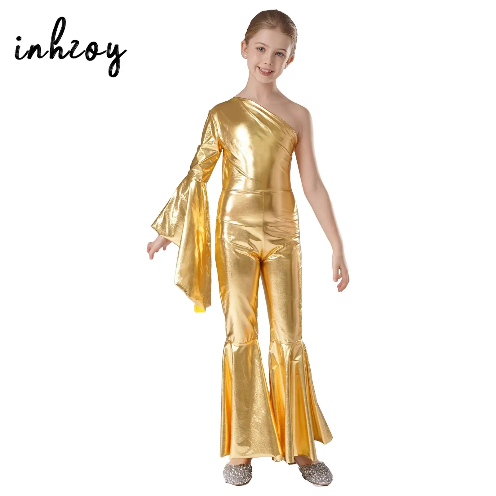 Kids Girls Shiny Metallic Jazz Dance Jumpsuit One Shoulder Flare Sleeve Bell-Bottom Bodysuit Party Performance Disco Costume