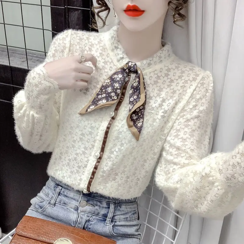 

Velvet Shirt for Women in Autumn Winter Long-sleeved Scarf Necklace Printed Lace Shirt Fashionable Mesh Inner Puff Sleeve Top