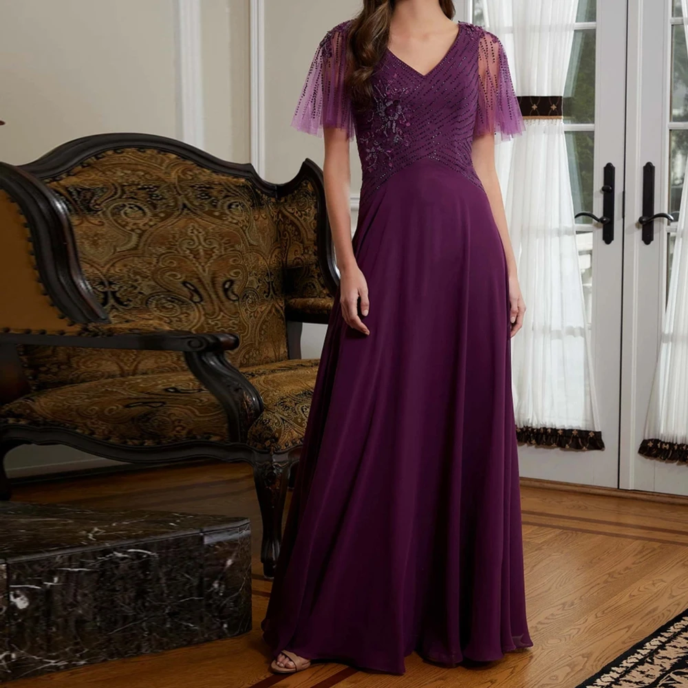 

Customized Exquisite Crystal Off the Shoulder Chiffon Evening Dresses Fashion V-Neck Short Sleeves A-Line Bespoke Occa