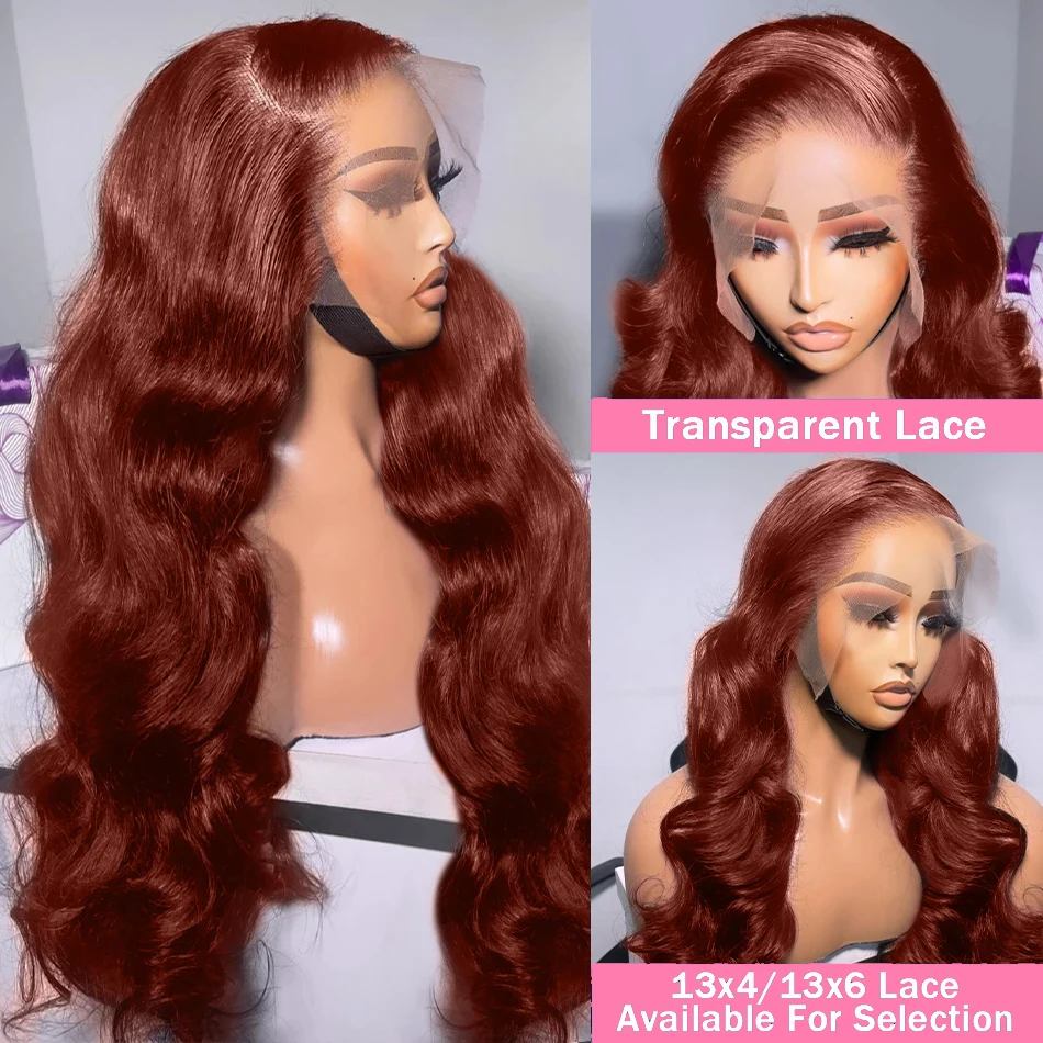 Perruque Body Wave Brésilienne Naturelle Cheveux Humains, Brun Rousse, Couleur Rouge Foncé, Dentelle Transparente, 13x4, 13x6, pour Femme