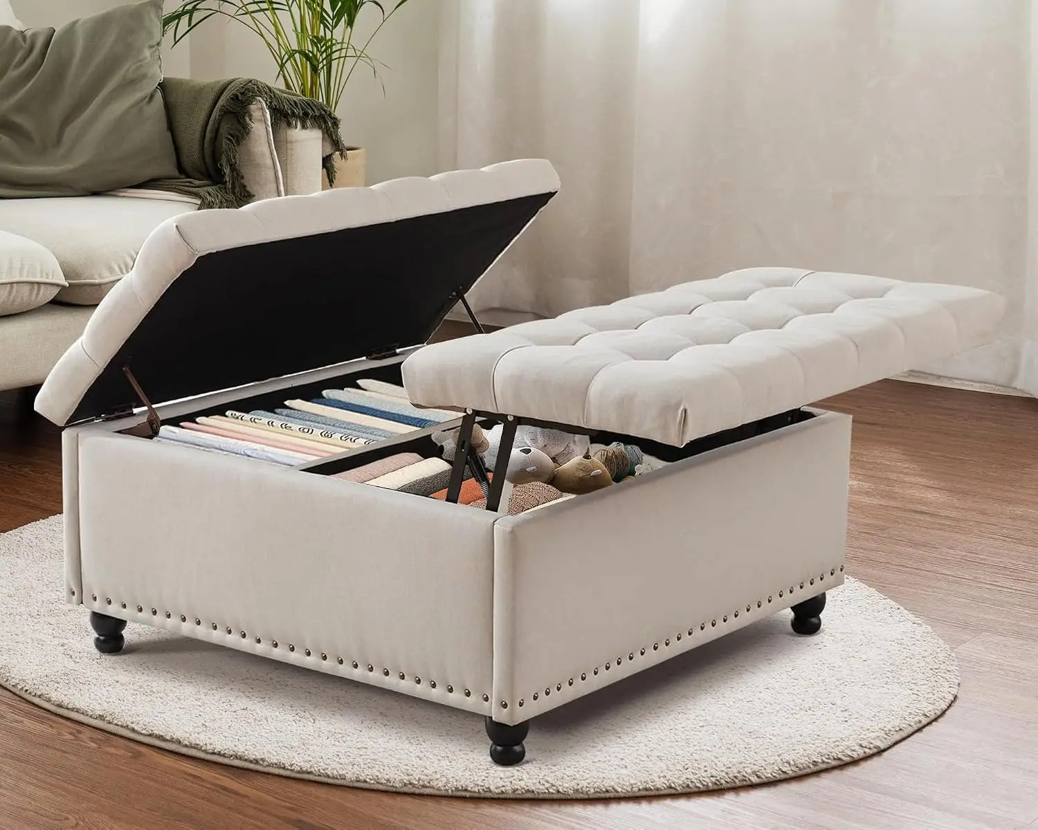 Large Square Storage Ottoman Bench, Lift Top Tufted Upholstered Coffee Table for Living Room & Bedroom, 35.5