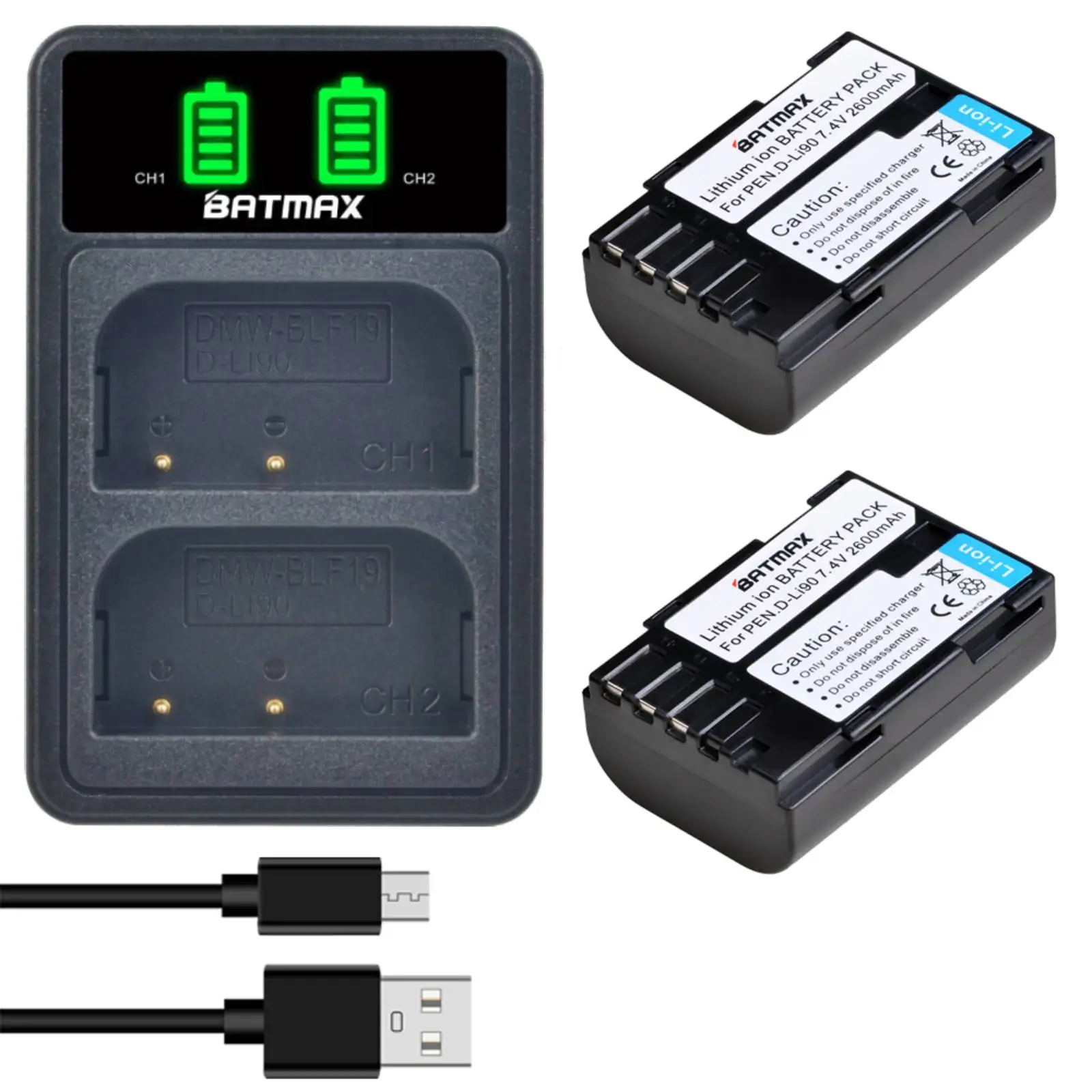 Batmax D-LI90 DLI90 D Li90 Battery+LED Dual Charger with Type C Port For PENTAX K-7 K-7D K-5 K-5 II 645D K01 K-3 K-3 II 645Z L15