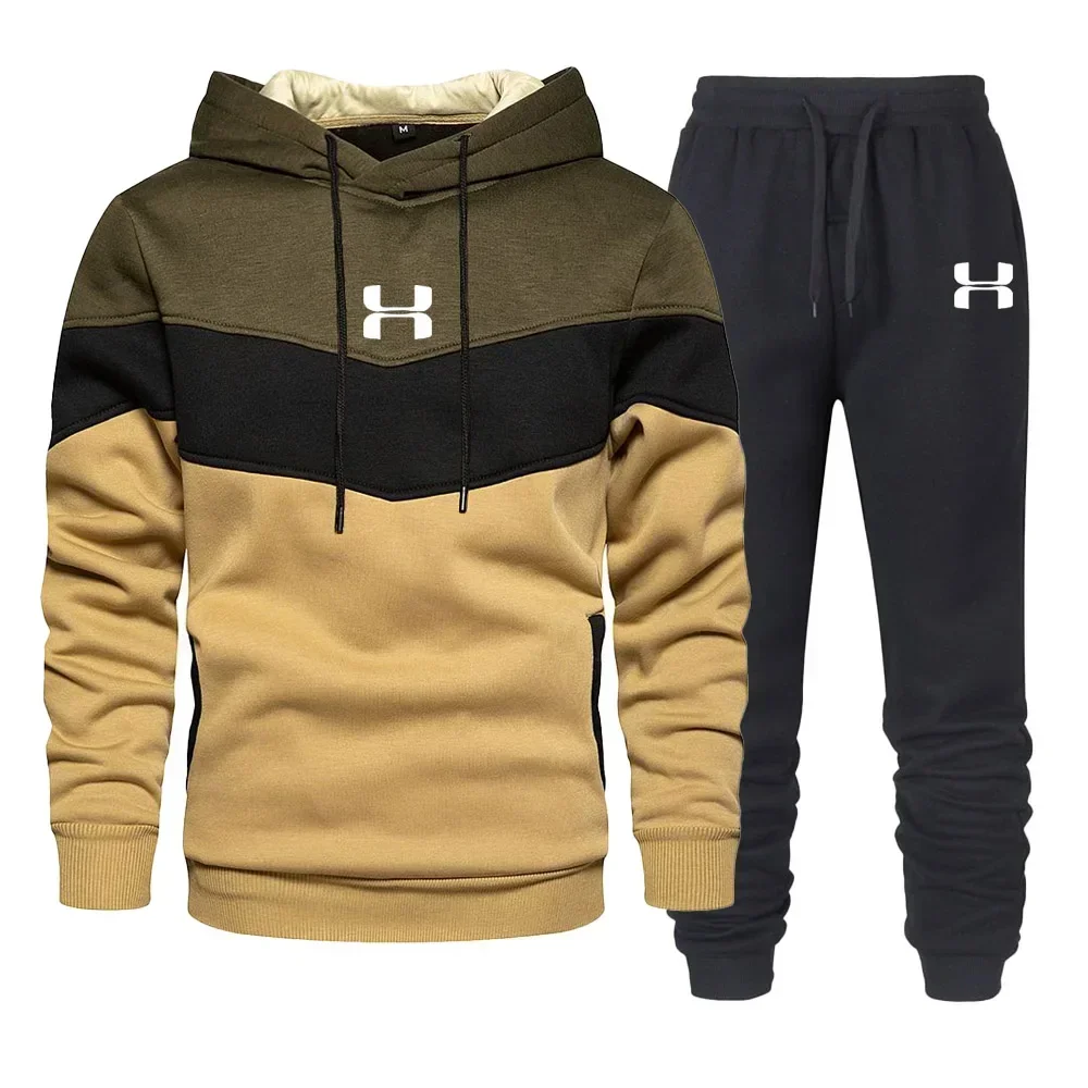 Autumn and winter men's casual hoodie set, fashion patchwork hoodie, outdoor jogging sweatshirt + trousers two-piece set