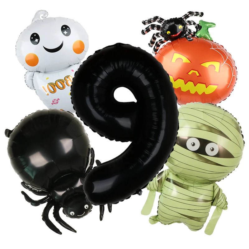 5PCS Halloween BOO Mummy Spider Pumpkin Balloon Set With 32inch Black Number Boys Birthday Party Baby Shower Helium Balloon