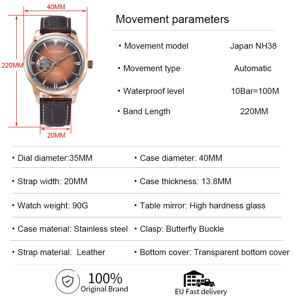 OUMASHI 40mm NH38 Cocktail Automatic Watch For Men 10ATM Waterproof Wristbatch Double Dome Tandorio Dive Clock Date Leather Band