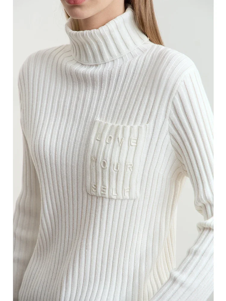 Amii 2024 Winter New Women's Solid Fashion Lazy Lapel Letter Embroidered Pocket Sweater Jumper Thin Pit Striped Tops 12444173