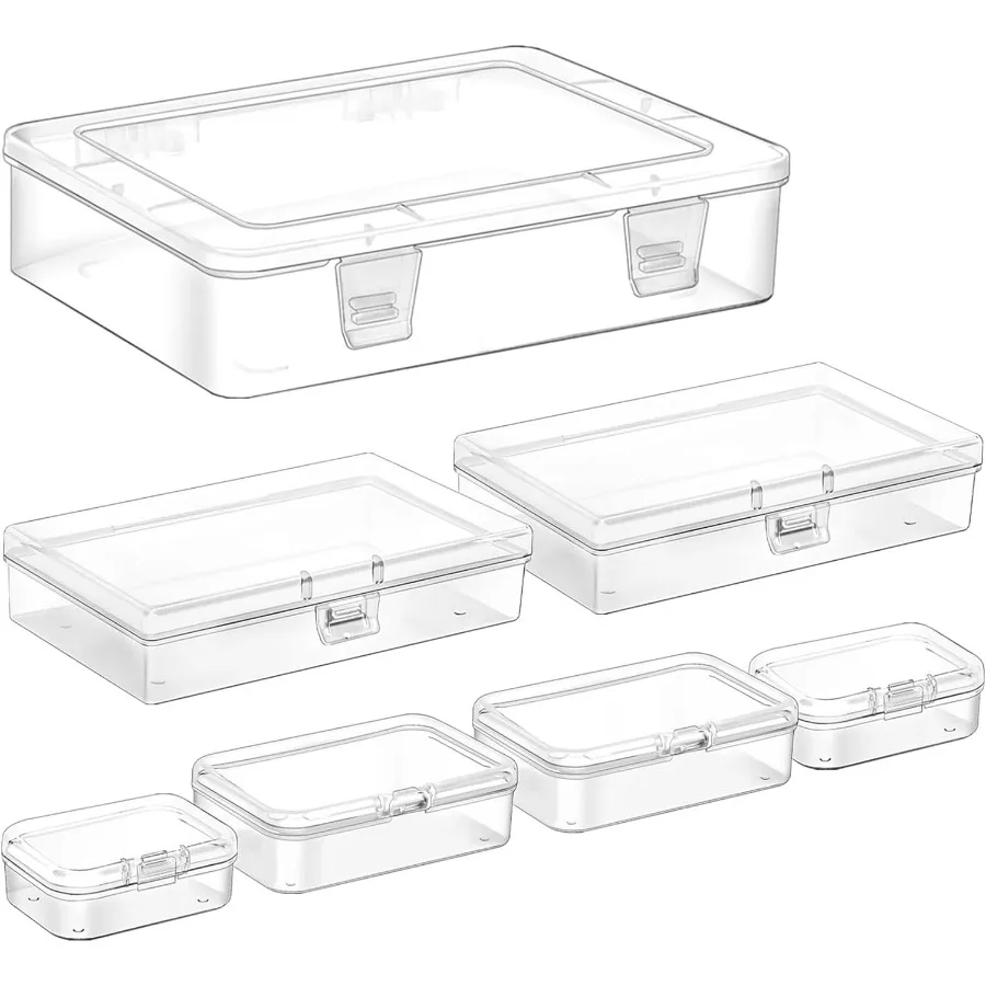 

7 Pack Mixed Sizes Rectangular Mini Plastic Containers with Hinged Lids for Clear Storage Ideal for Organizing Small Items Bead