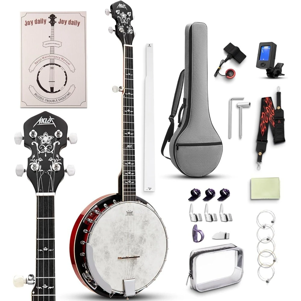 Full Size 5 String Banjo Remo Head Removable Resonator Geared 5th Tuner 24 Brackets Beginner Kit with Gig Bag Strings Strap