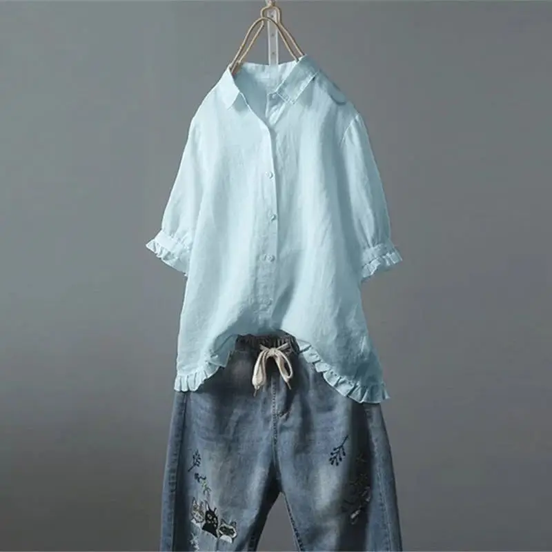 

Summer Women's Half-sleeved Shirt Lapel Loose and Extended Ruffled Top Button White Cotton Linen Shirt Blouses