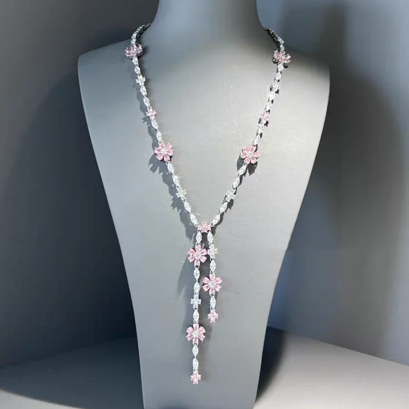 

Bellux High Quality 925 Sterling Silver Pink Flower Zirconia Gemstones Necklace For Women Party Wedding Fine Jewelry Wholesale
