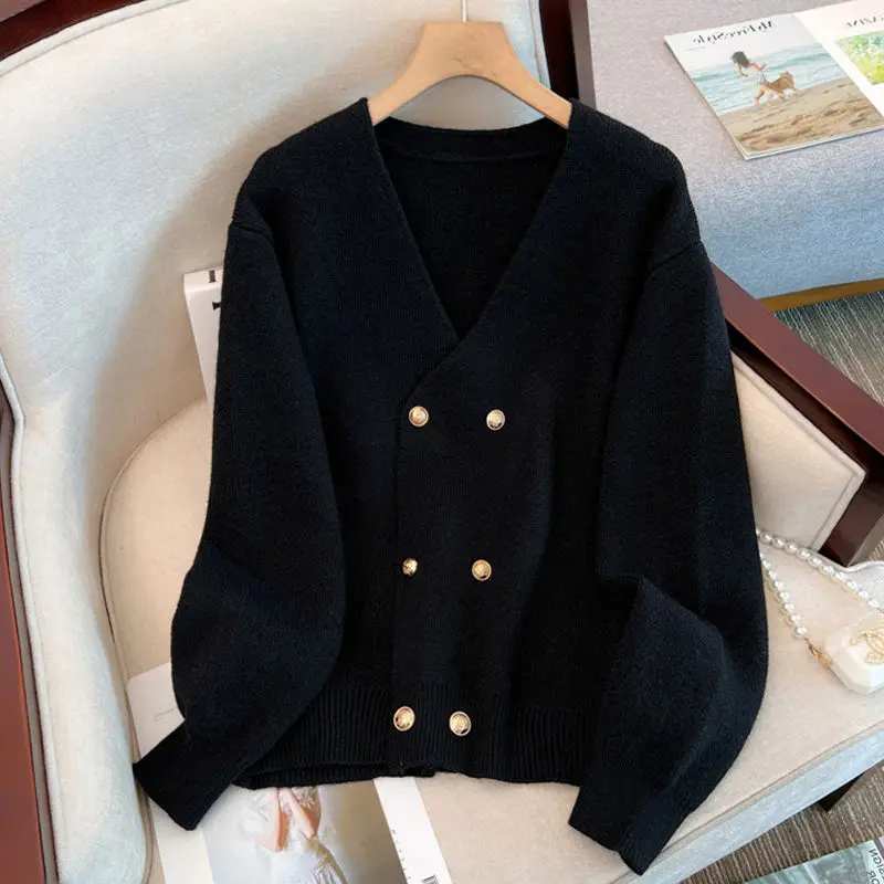 2024 Autumn and Winter All-match Sweaters Socialite Temperament O-Neck Solid Color Loose All-match French Double Breasted Coat