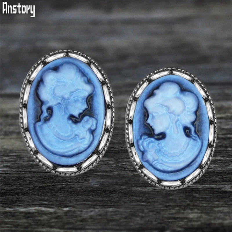 6 Colors Lady Queen Cameo Stud Earrings For Women Push Back Stainless Steel Stud Antique Silver Plated Fashion Jewelry TE524