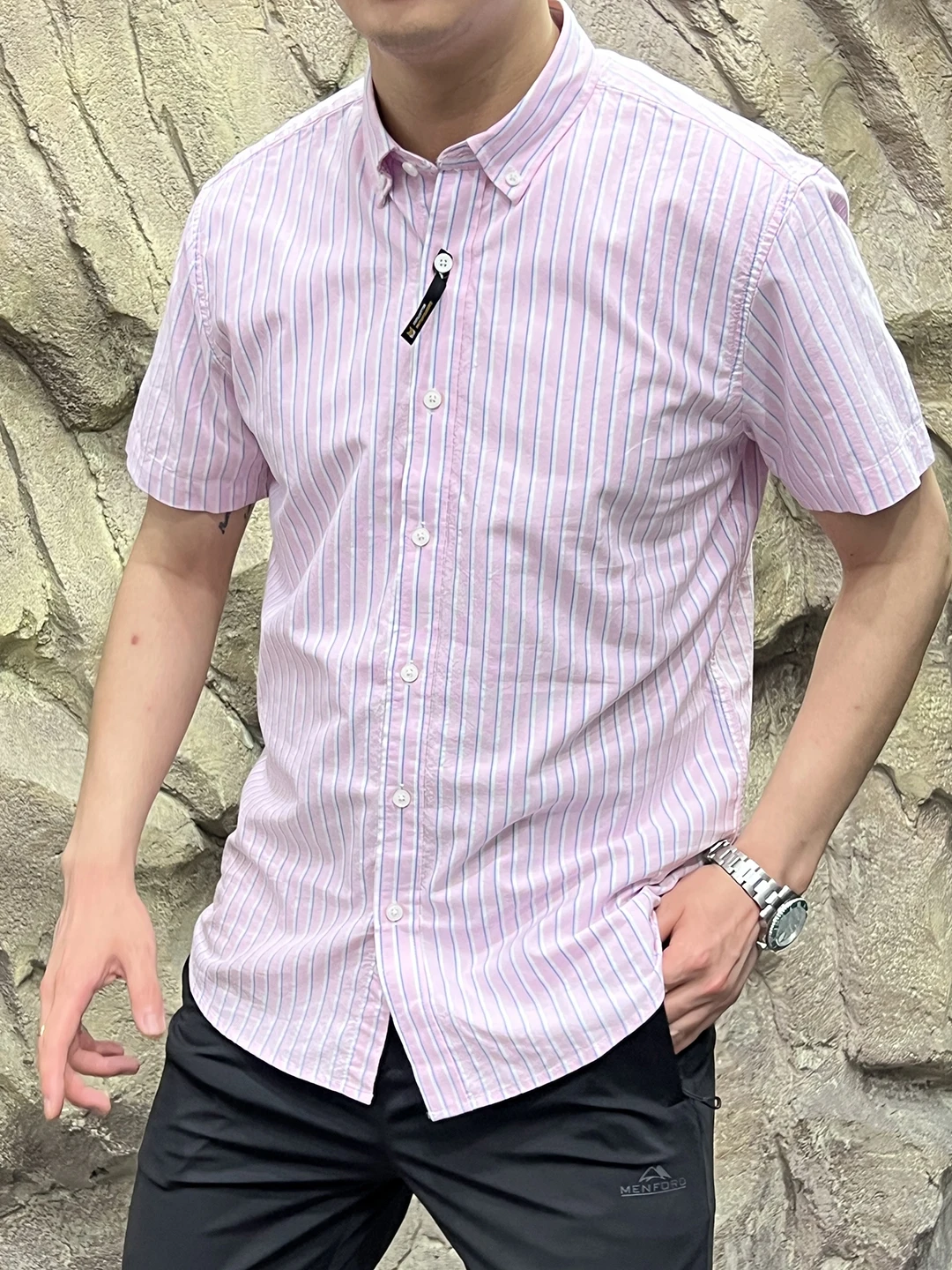 レトロストライプ柄 ウェイド純綿 メンズ ビジネス オルト スヴェ イルト 通気性 スタンドフィット 夏新作 カジュアル イルト