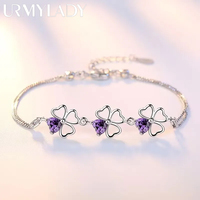 NEW fine 925 Sterling Silver Purple crystal Lucky Clover Bracelets for women fashion party wedding accessories Jewelry 17CM+4CM