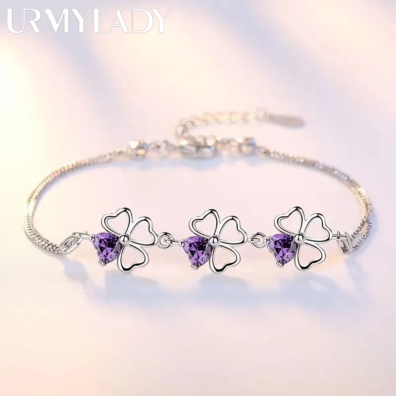 NOWE grzywny 925 Sterling Silver Fioletowy kryształ Lucky Clover Bransoletki dla kobiet moda party akcesoria ślubne Biżuteria 17 CM + 4 CM