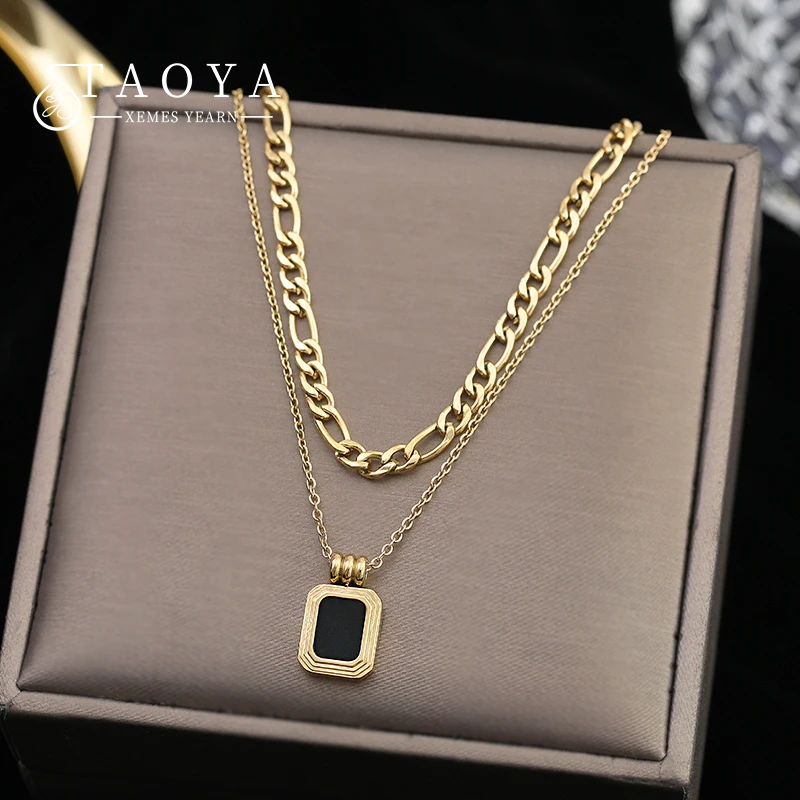 Stainless steel Black Square Pendant Double Layer Necklace Korean Fashion Jewelry For Woman Girls Sexy Clavicle Chain Party Gift