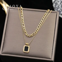 Stainless steel Black Square Pendant Double Layer Necklace Korean Fashion Jewelry For Woman Girls Sexy Clavicle Chain Party Gift