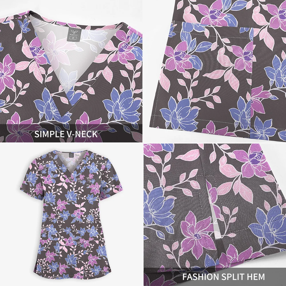 Hospital Nurse Uniforms Women Medical Uniform Print Scrub Top Cotton Dental Clinic Work Clothes Mens Scrubs Short Sleeved Jacket