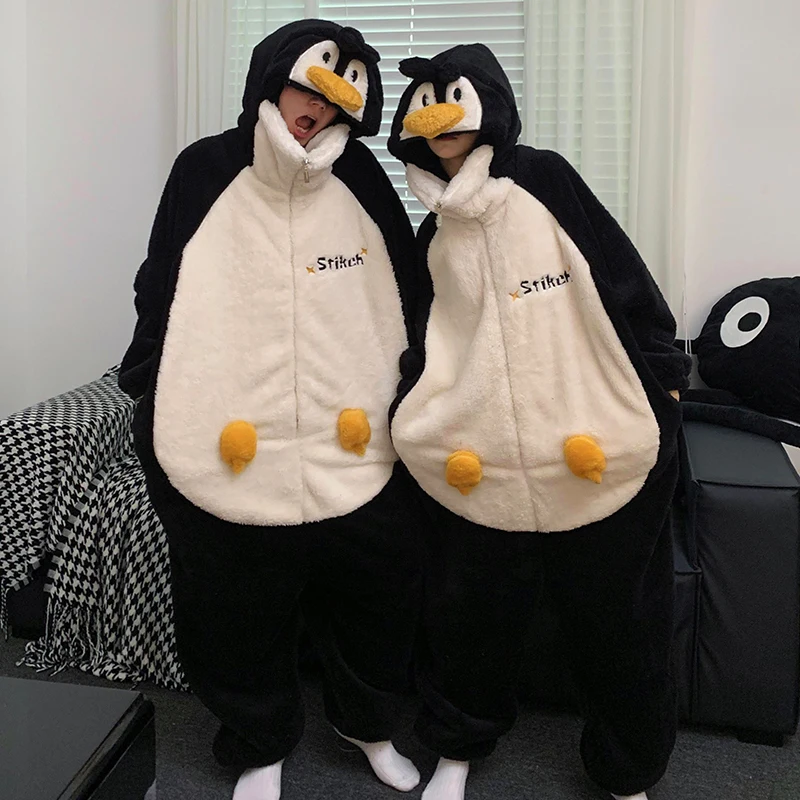 Lovely Penguin Couples Pajamas Jumpsuits Women Men Sleepwear Winter Thicken Hooded Pyjamas Coral velvet  Loose Onesie Soft Warm