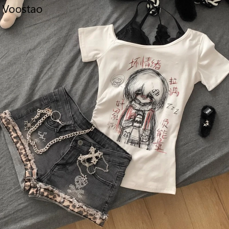 

Y2k Aesthetic Retro T-Shirt Shorts 2 Piece Set Women Gothic Print Short Sleeve Tee Tops Denim Shorts Japanese Girls Suits 2000s