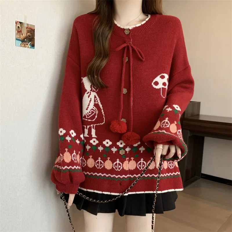 

Christmas Sweater Cartoon Print O-neck Long Sleeved Single Breasted Loose Top Fashion Versatile Casual Women's Knitted Cardigan