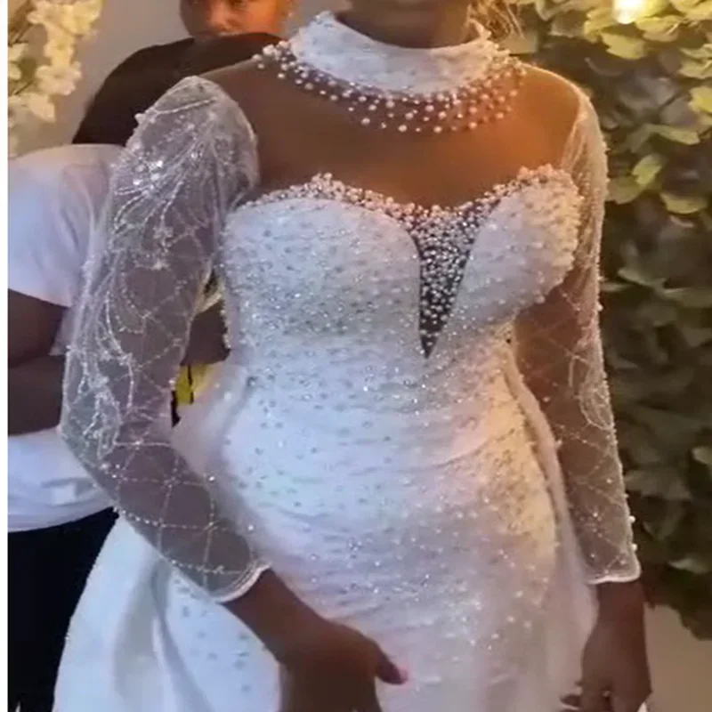 Abito da sposa personalizzato scintillante con collo alto e perle scintillanti, abiti da sposa, corsetto africano, maniche lunghe, abito da sposa