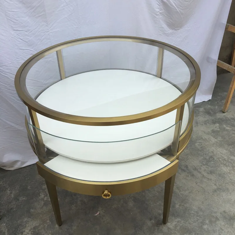 Customized. High-End Golden, round Glass Showcase with Light Jade Watch Nakajima round Display Cabinet Showcase